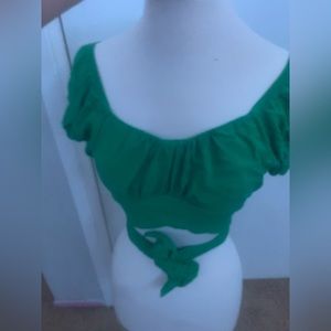 green off the shoulder crossed crop top.